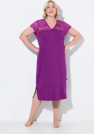 Ulla Popken Nachthemd Nachthemd Spitze V-Ausschnitt Spitzen-Halbarm