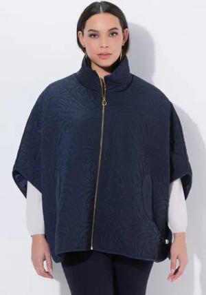 Ulla Popken Outdoorjacke Stepp-Poncho Oversized Samt-Piping Stehkragen