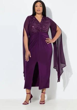 Ulla Popken Partykleid Chiffon-Maxikleid Pailletten V-Ausschnitt Langarm