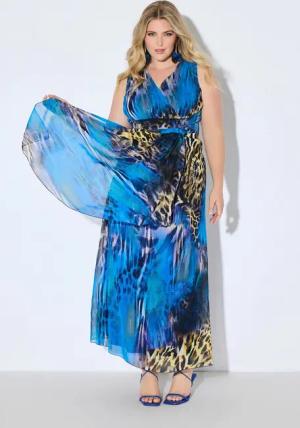 Ulla Popken Partykleid Maxi-Chiffonkleid ärmelos Leo-Druck Unterkleid