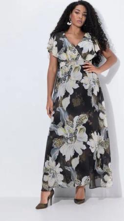 Ulla Popken Partykleid Maxikleid Gürtel V-Ausschnitt Flügel-Halbarm