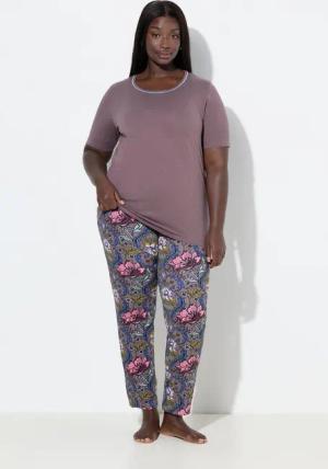 Ulla Popken Pyjama Pyjama Blüten Rundhals Langarm Taschen