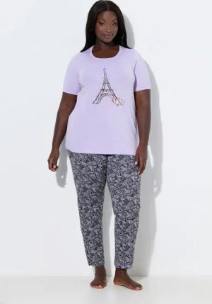 Ulla Popken Pyjama Pyjama Eiffelturm Ziersteine Rundhals Halbarm