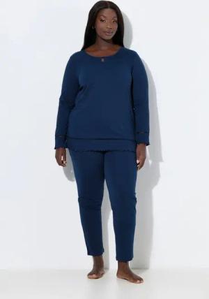 Ulla Popken Pyjama Pyjama Hohlsaum Wellenkanten Rundhals Langarm