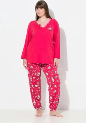 Ulla Popken Pyjama Pyjama Katzen Tunika-Ausschnitt Langarm