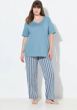 Ulla Popken Pyjama Pyjama Piping V-Ausschnitt Halbarm Stickerei