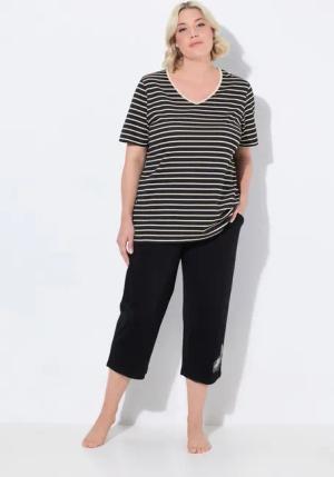 Ulla Popken Pyjama Pyjama Ringel Stickerei V-Ausschnitt Halbarm