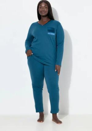 Ulla Popken Pyjama Pyjama Satin-Brusttasche V-Ausschnitt Langarm