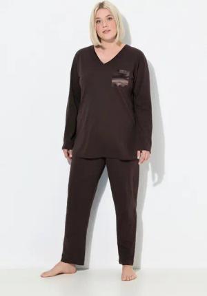 Ulla Popken Pyjama Pyjama Satin-Brusttasche V-Ausschnitt Langarm