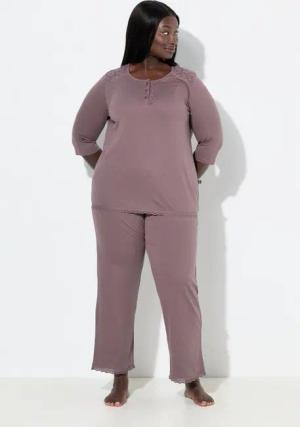 Ulla Popken Pyjama Pyjama Zweiteiler Lochstickerei Zierfalte 3/4-Arm