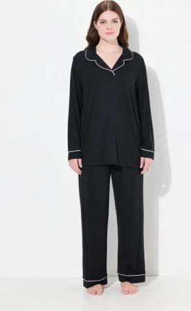 Ulla Popken Pyjama Pyjama Zweiteiler Zierpaspeln V-Ausschnitt Langarm