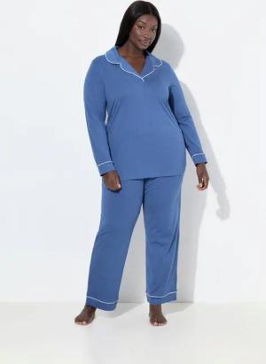 Ulla Popken Pyjama Pyjama Zweiteiler Zierpaspeln V-Ausschnitt Langarm