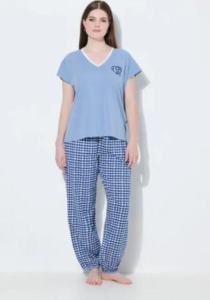 Ulla Popken Pyjama Schlafanzug Karo V-Ausschnitt Halbarm