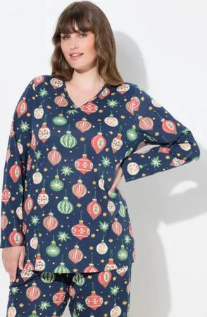 Ulla Popken Pyjamaoberteil Schlafanzug-Oberteil V-Ausschnitt Langarm