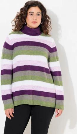 Ulla Popken Rollkragenpullover Pullover Ringel A-Linie Stehkragen Langarm