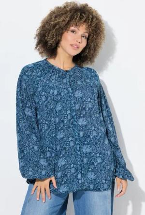 Ulla Popken Satinbluse Bluse Blüten/Schwalben Rundhals Langarm