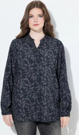 Ulla Popken Satinbluse Bluse Cupromix Blätter Stehkragen Langarm