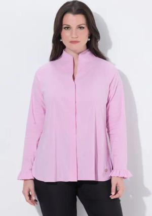 Ulla Popken Satinbluse Bluse Kelchkragen Langarm Rüschen-Manschetten