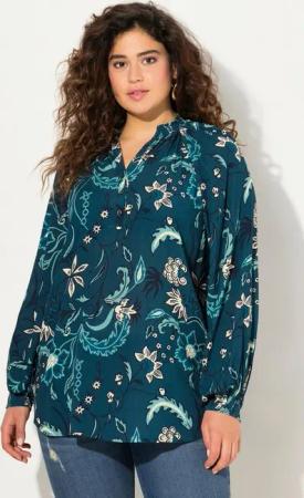 Ulla Popken Satinbluse Bluse Smok-Stehkragen A-Linie V-Ausschnitt Langarm