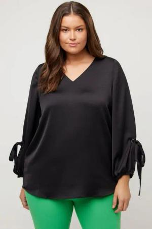 Ulla Popken Satinbluse Bluse V-Ausschnitt A-Linie Zierschleife