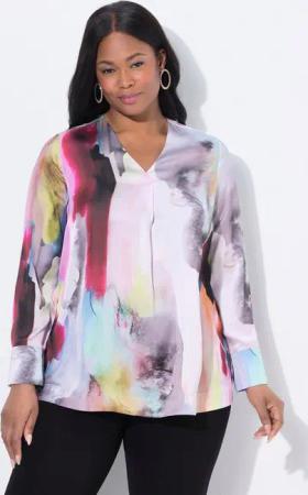 Ulla Popken Satinbluse Seiden-Tunika Aquarell-Design V-Ausschnitt Langarm