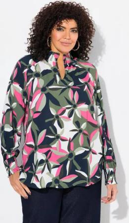 Ulla Popken Satinbluse Tunika Smok-Kragen V-Ausschnitt Langarm