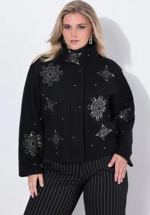 Ulla Popken Sommerjacke Jacke Stickerei kurz Stehkragen Langarm