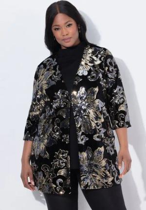 Ulla Popken Sommerjacke Samtjacke A-Linie Pailletten V-Ausschnitt 3/4-Arm