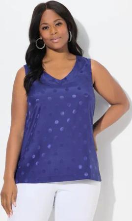 Ulla Popken Spitzenbluse Blusentop Jacquard-Punkte V-Ausschnitt ärmellos