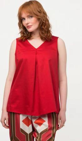 Ulla Popken Spitzenbluse Blusentop Satin Zierfalte V-Ausschnitt ärmellos