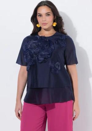 Ulla Popken Spitzenbluse Chiffonbluse Blüten-Applikationen Rundhals