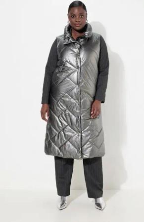 Ulla Popken Steppweste Long-Steppweste Silberoptik Stehkragen ärmellos