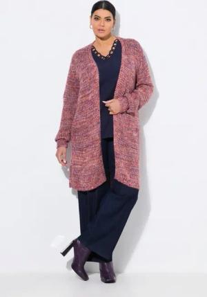 Ulla Popken Strickjacke Long-Strickjacke Grobstruck V-Ausschnitt Langarm