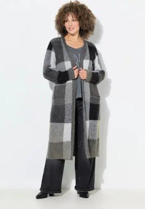 Ulla Popken Strickjacke Long-Strickjacke Karo offenes Modell Taschen