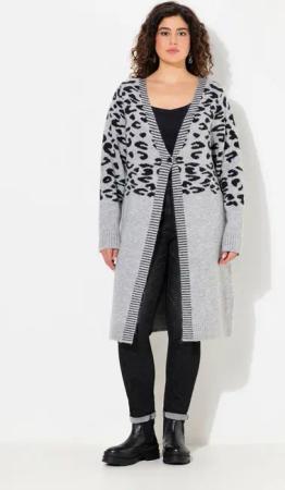 Ulla Popken Strickjacke Long-Strickjacke Leomuster V-Ausschnitt Langarm