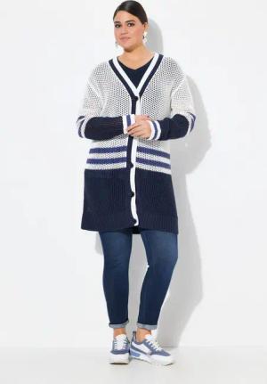 Ulla Popken Strickjacke Long-Strickjacke Streifen V-Ausschnitt Langarm