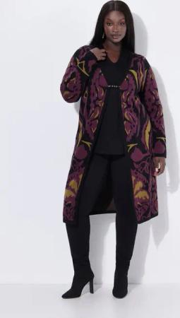 Ulla Popken Strickjacke Long-Strickjacke Ziernadel V-Ausschnitt Langarm