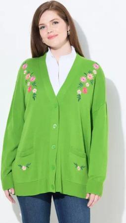 Ulla Popken Strickjacke Strickjacke Blüten-Stickerei V-Ausschnitt Langarm