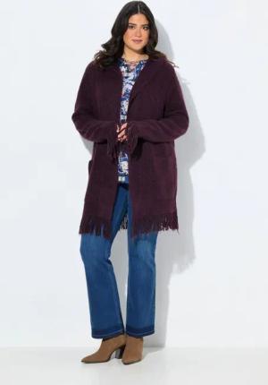 Ulla Popken Strickjacke Strickjacke Fransen Kapuze ohne Verschluss Langarm