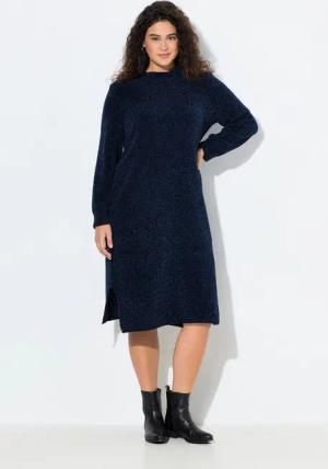 Ulla Popken Strickkleid Chenille-Midikleid weiter Stehkragen Langarm