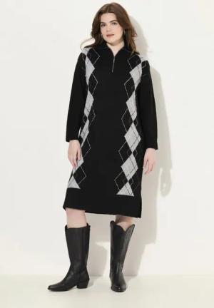 Ulla Popken Strickkleid Strickkleid Argyle-Muster Troyerkragen Langarm