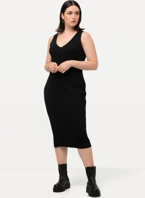 Ulla Popken Strickkleid Strickkleid Rippstrick Slim Midilänge V-Ausschnitt