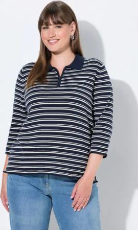 Ulla Popken Strickpullover Polo-Pullover Ringel 3/4-Arm Biobaumwolle