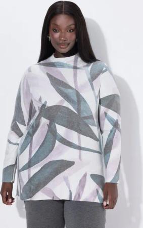 Ulla Popken Strickpullover Pullover Blätter Pailletten Stehkragen Langarm