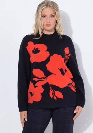 Ulla Popken Strickpullover Pullover Blüten Oversized Stehkragen Langarm