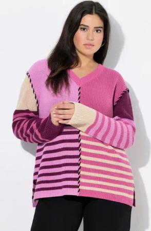 Ulla Popken Strickpullover Pullover Colorblocking V-Ausschnitt Langarm