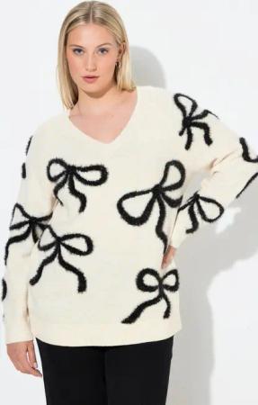 Ulla Popken Strickpullover Pullover Glitzer-Schleifen V-Ausschnitt Langarm