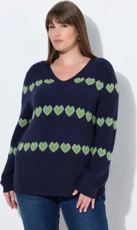 Ulla Popken Strickpullover Pullover Herzen V-Ausschnitt Langarm