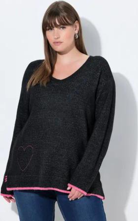 Ulla Popken Strickpullover Pullover Herzstickerei V-Ausschnitt Langarm