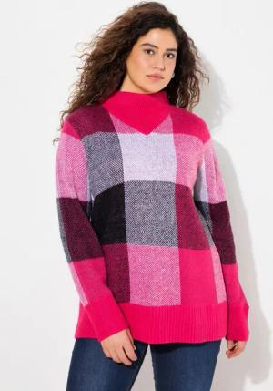 Ulla Popken Strickpullover Pullover Karomuster Stehkragen Langarm